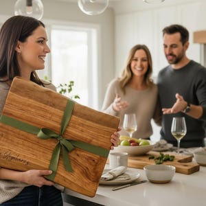 Live edge engraved cherry charcuterie serving board being gifted to new homeowners as a housewarming gift.