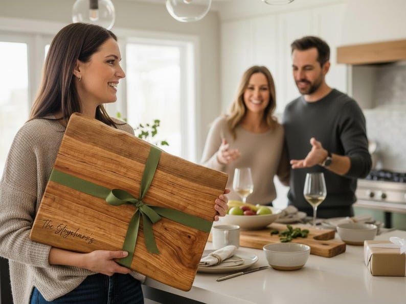 Live edge engraved cherry charcuterie serving board being gifted to new homeowners as a housewarming gift.