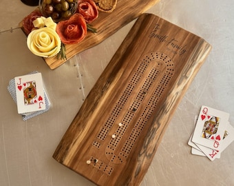 Personalized Live Edge Cribbage Board, Custom Engraved Crib Set