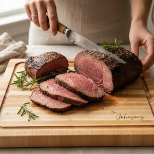 May include: A rectangular light-coloured wooden cutting board with a grooved edge, featuring the engraved text "The Johnsons EST. 2024". A large roasted beef tenderloin is sliced on the board, garnished with fresh green rosemary sprigs.