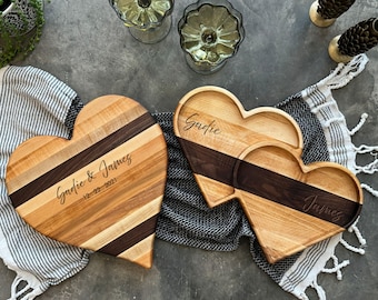Personalized Heart Charcuterie Board Set: Maple & Walnut Anniversary Gift