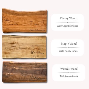 Three wooden live edge charcuterie boards of different wood types, cherry, walnut, maple and unique realtor logos for closing gifts