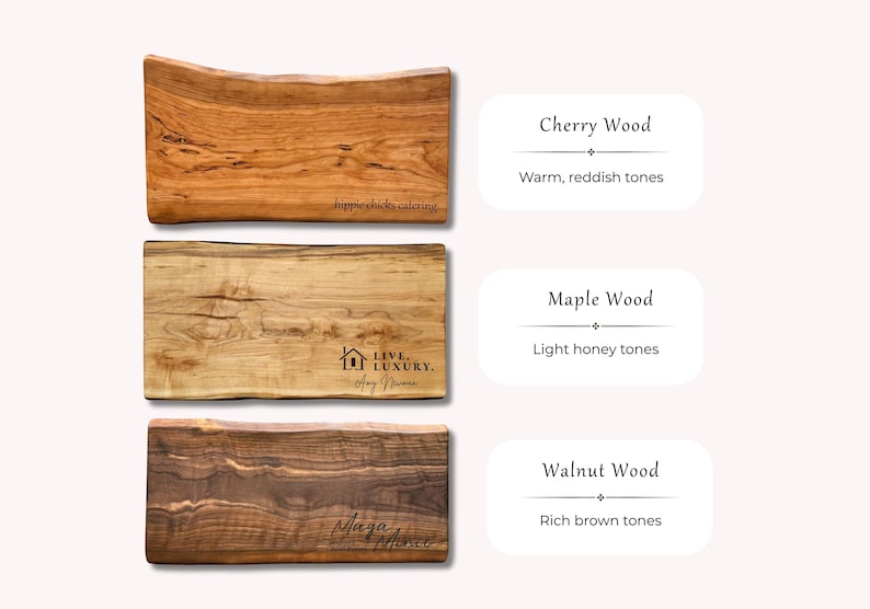 Three wooden live edge charcuterie boards of different wood types, cherry, walnut, maple and unique realtor logos for closing gifts