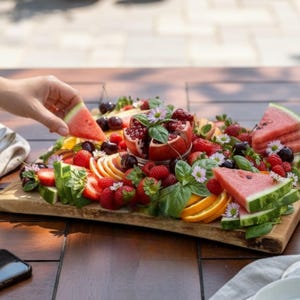 live edge maple charcuterie board outdoor picnic setup, unique bridal shower gift or anniversary celebration board