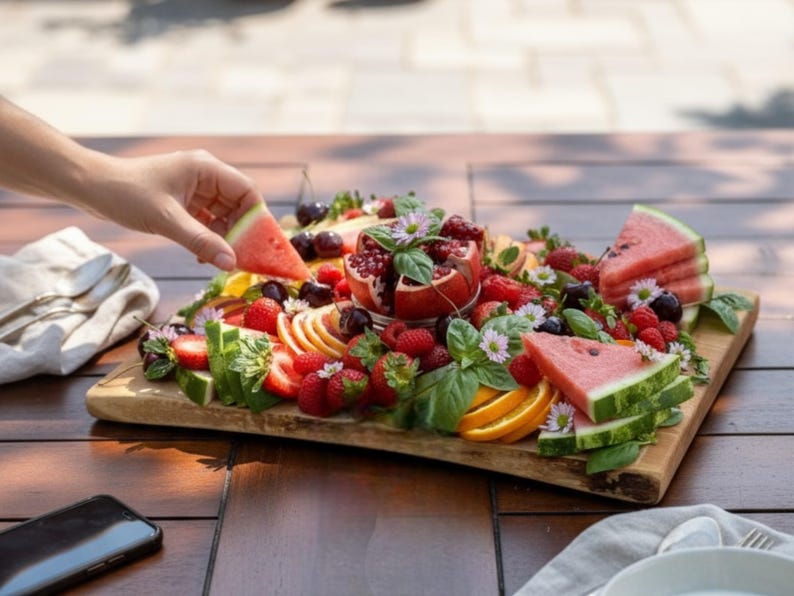 live edge maple charcuterie board outdoor picnic setup, unique bridal shower gift or anniversary celebration board