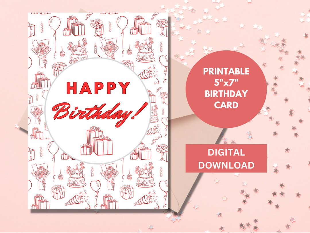 Happy Birthday Card, Digital Download, Printable Red Birthday Card ...