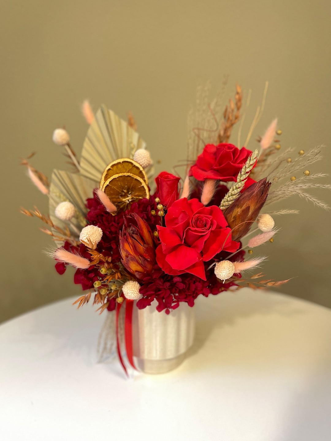 Natural Dried Flowers Arrangement With Red Preserved Roses Dried Flower Arrangement for Home