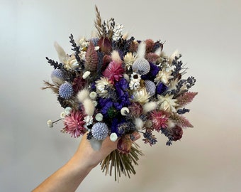 Elegant Dried Flower Bouquet | Natural Home Decor, Purple & Pink Flowers, Farmhouse Flower Arrangement