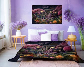Koi Pond Floral Bedding Cotton Comforter | Bright Purple Flower Design