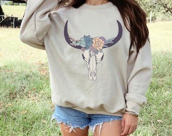 Floral Cow Skull Sweatshirt | Bull Skull sweatshirt | Western sweatshirt | Boho Cow Skull | Rodeo | Trendy Western Shirt | Country Concert