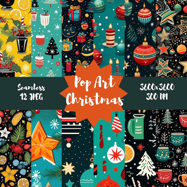 Pop Art Christmas Seamless Pattern - Vibrant, Festive Designs for Print, Commercial Use