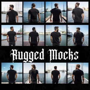 May include: Nine different photos of a person wearing a black t-shirt standing on a dock with a body of water in the background. The text "Rugged Mocks" is displayed in the center of the image.