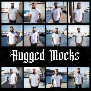 May include: Nine different photos of a person wearing a white t-shirt. The photos are taken in different locations, including a dock, a beach, and a boat. The text "Rugged Mocks" is displayed in a large font at the bottom of the image.