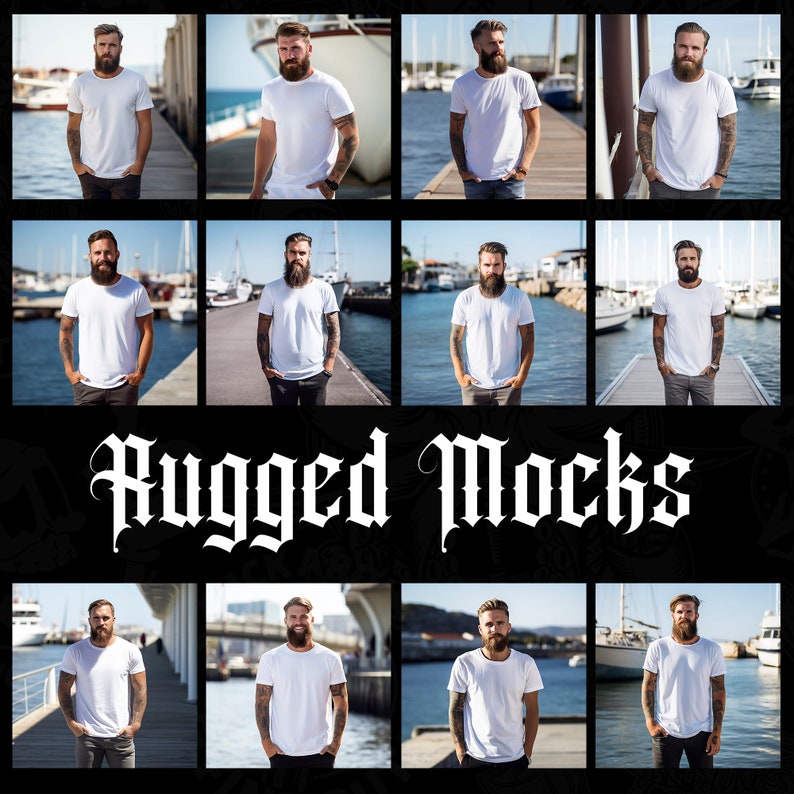 May include: Nine different photos of a person wearing a white t-shirt. The photos are taken in different locations, including a dock, a beach, and a boat. The text "Rugged Mocks" is displayed in a large font at the bottom of the image.
