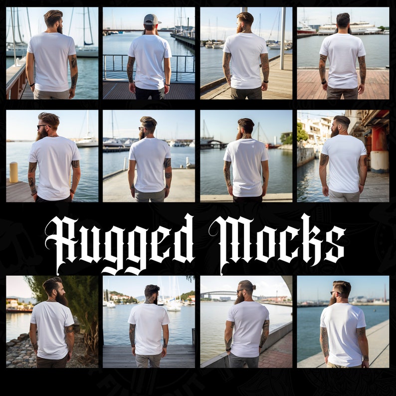 May include: A collection of eight mockups featuring a white t-shirt on a person standing in various outdoor settings. The mockups are ideal for showcasing designs on t-shirts.