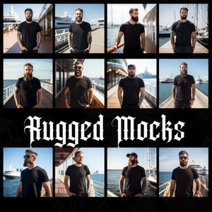 May include: A collage of ten images featuring men wearing black t-shirts in various poses. The men are standing on a dock or pier with boats in the background. The text "Rugged Mocks" is displayed in a bold, gothic font.