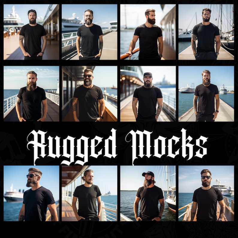 May include: A collage of ten images featuring men wearing black t-shirts in various poses. The men are standing on a dock or pier with boats in the background. The text "Rugged Mocks" is displayed in a bold, gothic font.