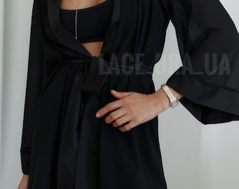 Komplet z prześwitującego szyfonu: szlafrok i spodnie | Czarny szlafrok kimono i spodnie z szerokimi nogawkami | Elegancki dwuczęściowy strój domowy | Komplet damski