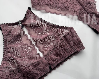 Plum Lace Lingerie Set, Halter Bralette and Panty, Romantic Boudoir Lingerie