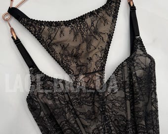 Schwarzes Spitzen-Korsett-Top & String-Set | Schiere Blumenspitze Bustier | Dessous Maßanfertigung