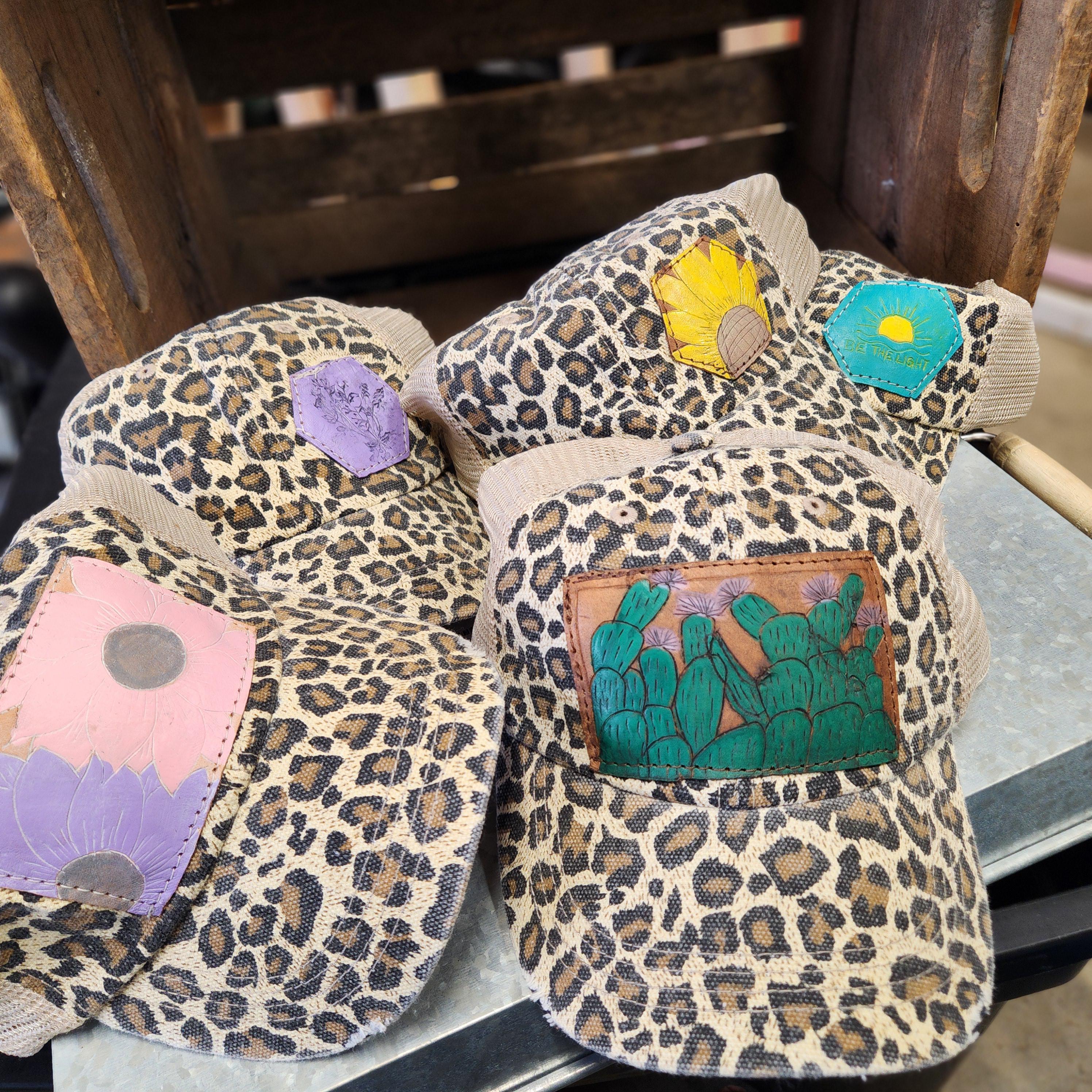 Womens Cheetah Print Leather Patch Hats