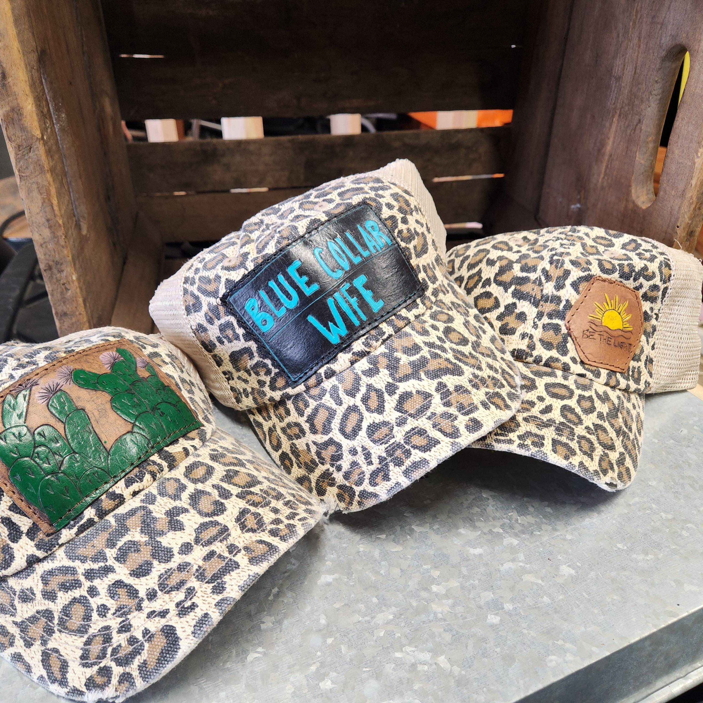 Womens Cheetah Print Leather Patch Hats - Thumbnail 4