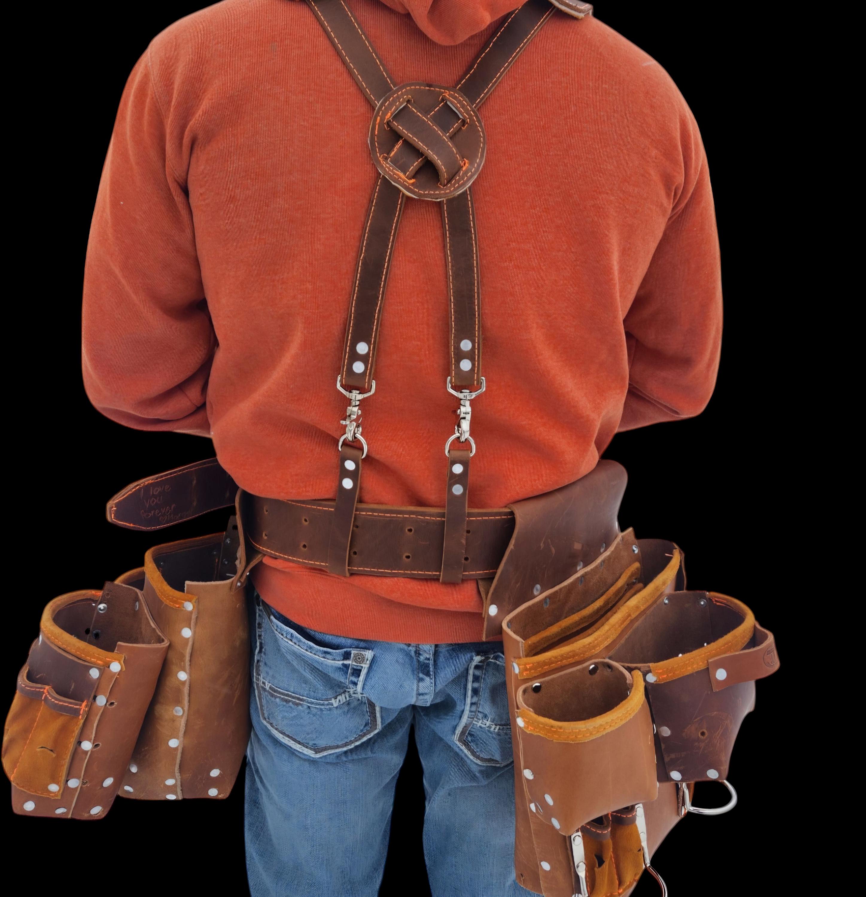 Leather tool belt, suspender & bag set for construction workers, carpenters, farmers, trimmers, roofers, ect. - Thumbnail 3