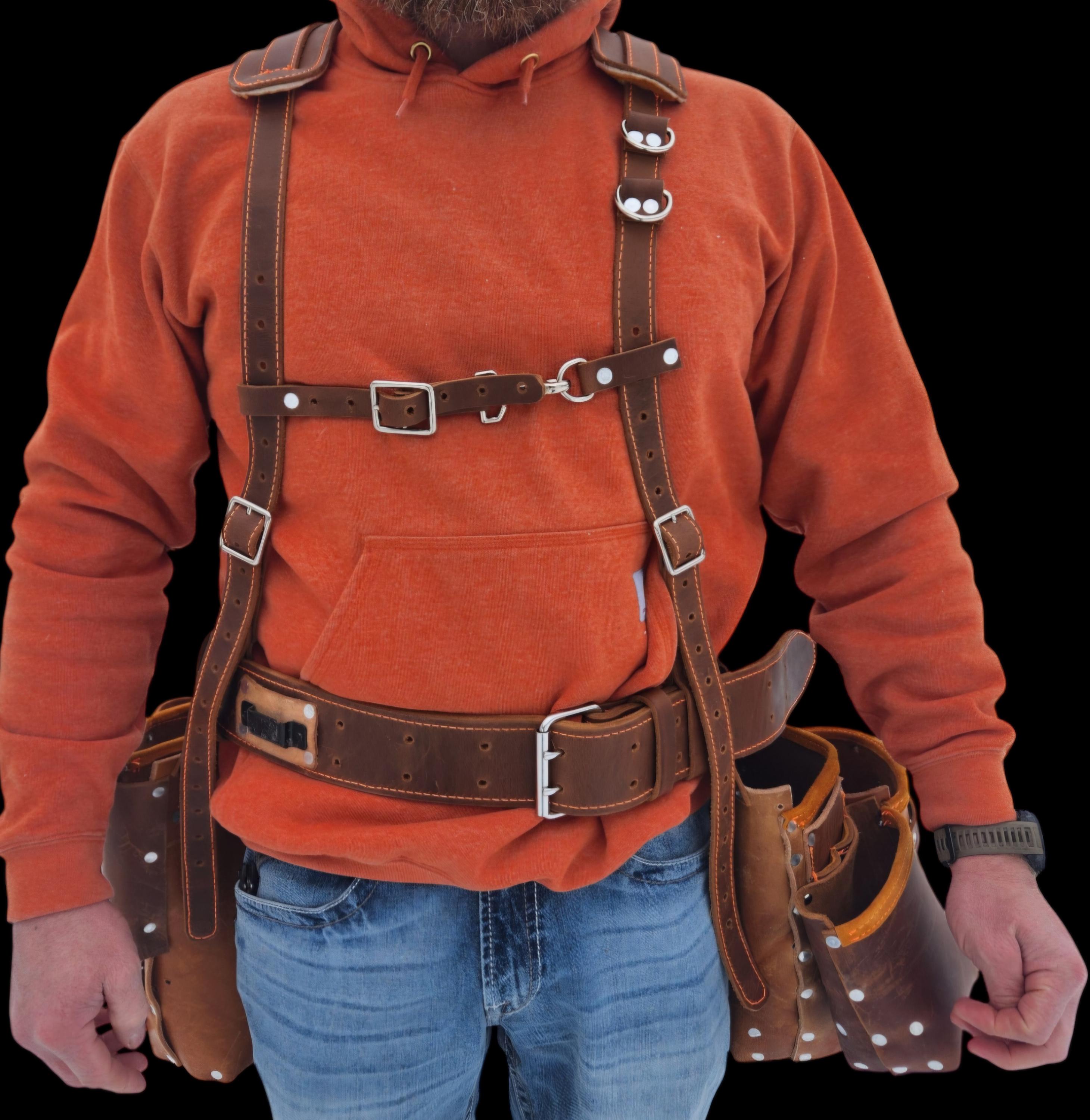 Leather tool belt, suspender & bag set for construction workers, carpenters, farmers, trimmers, roofers, ect.