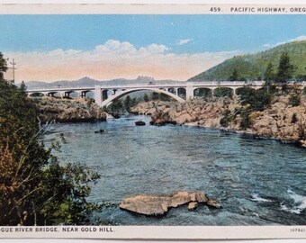 Rogue River Bridge, dichtbij Gold Hill, Pacific Highway, Oregon Vintage briefkaart