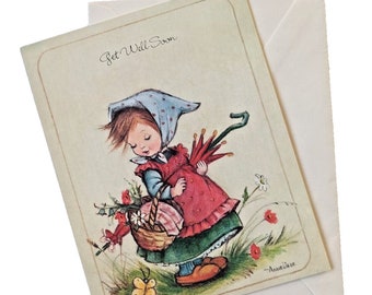 Vintage Get Well Soon Greeting Card by Anneliese Cute Old Fashioned Girl Flowers Psalm 46:1