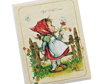 Vintage Get Well Soon Greeting Card by Anneliese Cute Old Fashioned Girl Flowers Nehemiah 8:10