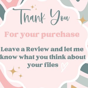 Peut inclure: Une carte de remerciement rose et bleue avec une forme de nuage blanc. Le texte sur la carte est "Thank You For your purchase Leave a Review and let me know what you think about your files".