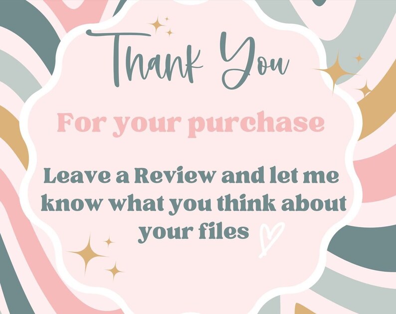 Peut inclure: Une carte de remerciement rose et bleue avec une forme de nuage blanc. Le texte sur la carte est "Thank You For your purchase Leave a Review and let me know what you think about your files".