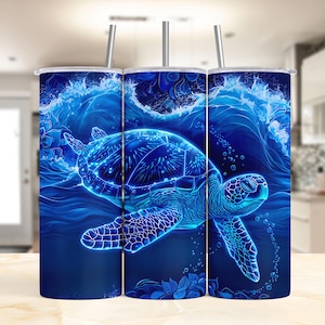Sea Turtle Tumbler Wrap 20oz Skinny, Neon Blue Sea Turtle Sublimation PNG, Beach Lover Gift, Summer Ocean Digital Download, Marine Life 1