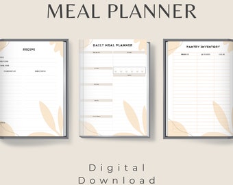 Digital Meal Planner (Daily/Weekly/Monthly) | Fridge/Freezer/Pantry Inventories | Grocery List Template | Recipe Template | 18 Pages |