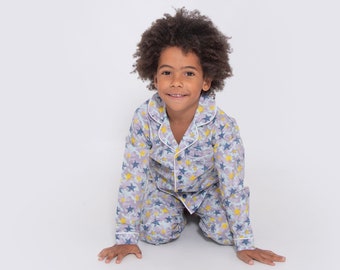 Pyjama boutonné 100 % coton biologique avec étoiles brillantes, enfants et bébé, pyjama assorti pour garçon, vêtements de nuit durables de qualité supérieure, 1-8 ans