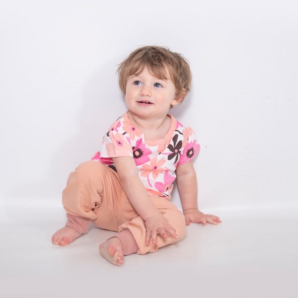 Children 100% Organic Cotton Pink Floral Girls Lounge T-shirt, Kids Jersey Short Sleeves Tee, Sustainable Loungewear Clothing, 1-8 Years Old