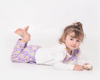 Ensemble pyjama violet 100 % coton biologique avec imprimé marguerites, enfants et bébé, pyjama assorti pour fille, vêtements de nuit durables de qualité supérieure, 1-8 ans