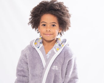 Peignoir à capuche gris en molleton sherpa 100 % biologique avec étoiles brillantes, vêtement de nuit durable assorti pour garçon, 1-8 ans