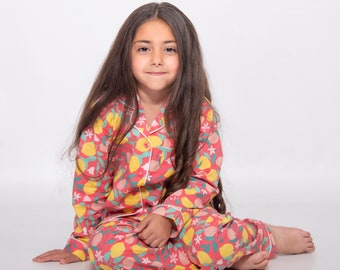 Children & Baby 100% Organic Cotton Button-Up Pyjamas with Lemon Print, Matching Kids Sleepwear, Sustainable Premium Nightwear, 1-8 Years