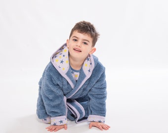 Children & Baby 100% Organic Sherpa Fleece Navy Blue Hooded Dressing Gown with Shining Stars, Matching Boys Sustainable Sleepwear, 1-8 Years