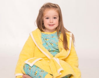 Children & Baby 100% Organic Sherpa Fleece Yellow Hooded Dressing Gown with Lemon Grove, Matching Girls Sustainable Sleepwear, 1-8 Years