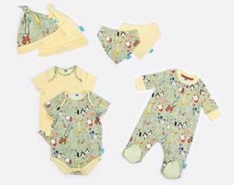 Ensemble 5 pièces Showman vert jaune 100 % coton biologique pour bébé, gilets et chapeaux de culture pour bébé, ensemble de vêtements de nuit essentiels pour nouveau-né, 0-12 mois