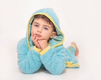 Children & Baby 100% Organic Sherpa Fleece Blue Hooded Dressing Gown with Busy Bees, Matching Boys Sustainable Sleepwear, 1-8 Years