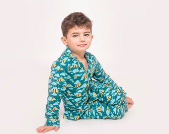 Children & Baby 100% Organic Cotton Button-Up Blue Pyjamas with Bee Print, Matching Boys Sleepwear, Sustainable Premium Nightwear, 1-8 Years