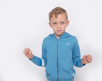 Sweat à capuche lounge bleu 100 % coton bio pour garçon, sweat-shirt en jersey pour enfant, vêtements de détente haut de gamme, vêtements de sport de 1 à 8 ans