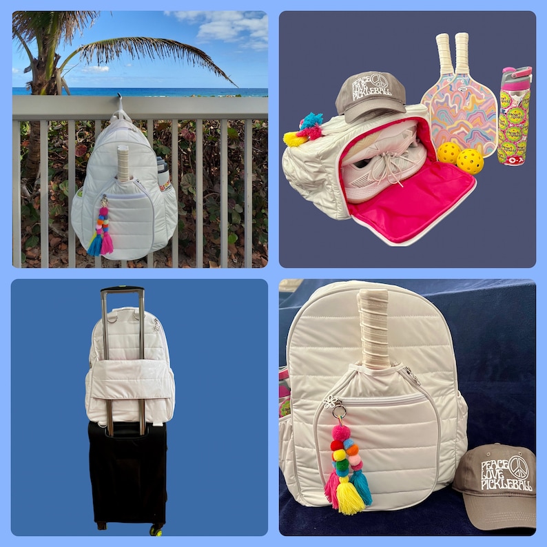 May include: White quilted backpack with a zippered pocket and a colorful tassel. The backpack has a separate compartment for a pickleball paddle. The backpack is shown in three different settings: hanging on a railing, on a suitcase, and with a pickleball paddle inside.