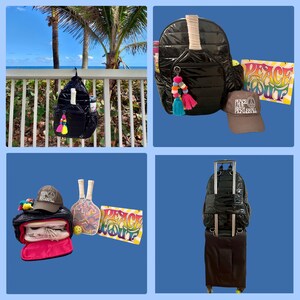 May include: A black quilted backpack with a zipper closure and a tassel charm. The backpack is hanging on a white railing. The background is a beach scene with palm trees and blue sky.