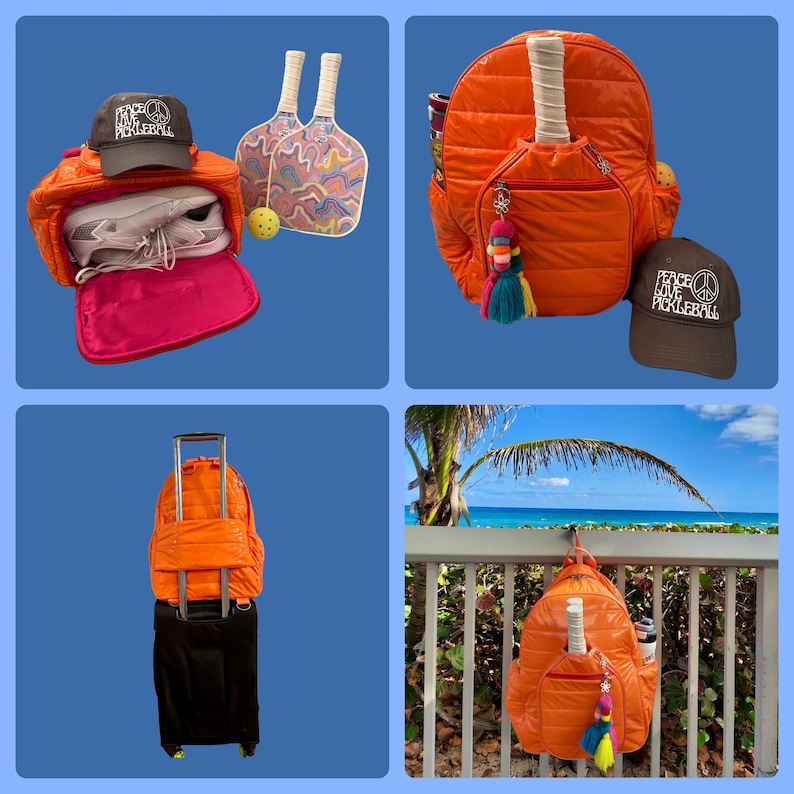 May include: Orange quilted backpack with a zippered pocket and a key chain with tassels. The backpack is shown in four different settings: with a pickleball paddle and ball, with a hat that says "Peace Love Pickleball", on a suitcase, and hanging on a railing.