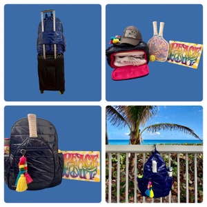 May include: A blue quilted backpack with a zippered pocket and a tassel charm. The backpack is shown in three different settings: on a rolling suitcase, open with a hat and paddle inside, and hanging on a railing by the beach. The sign in the image reads "Peace Out".